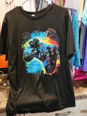 Black Graphic Gaming Controller Tee - Multicolor Design
